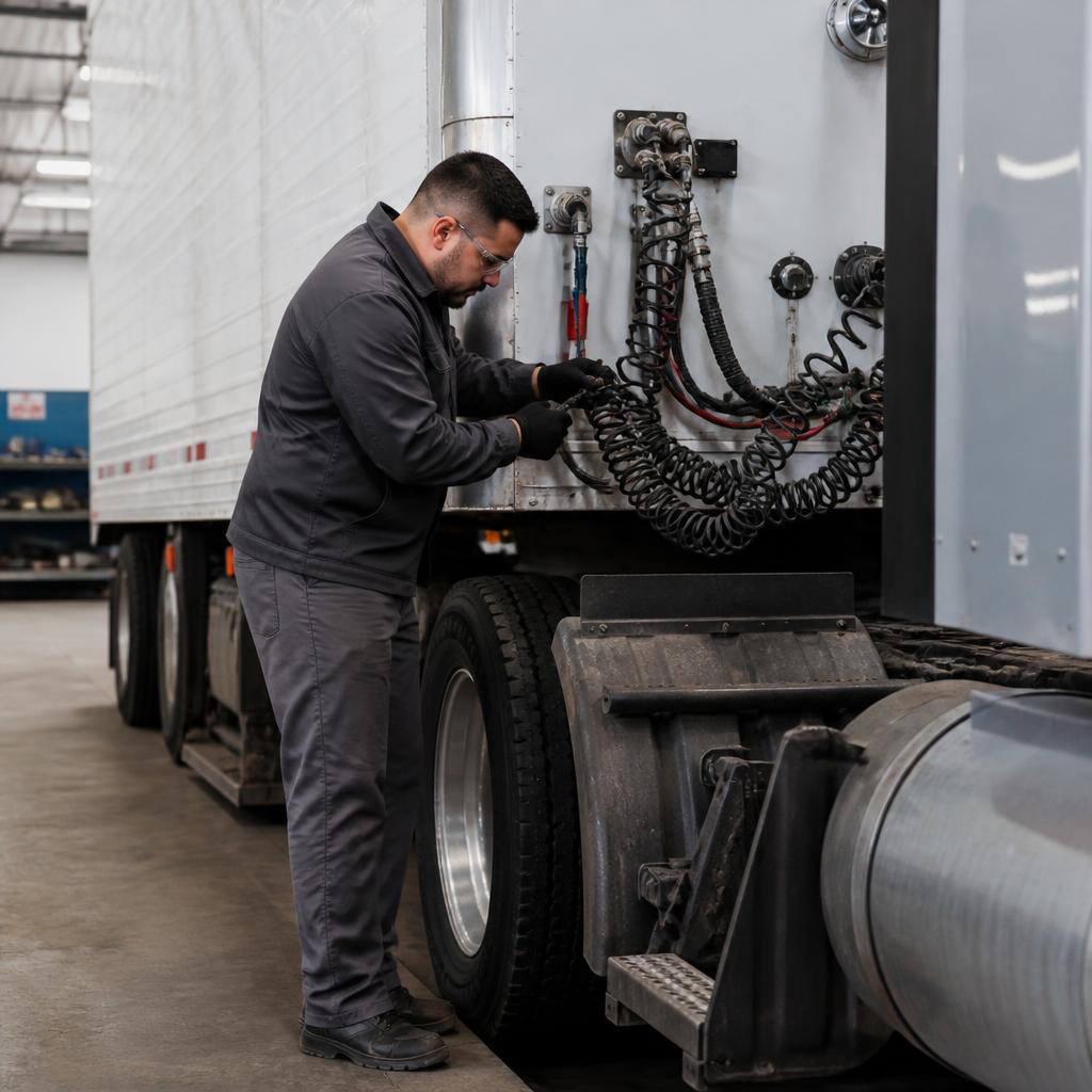 Illustrative photo of a technician checking commercial trailer systems.