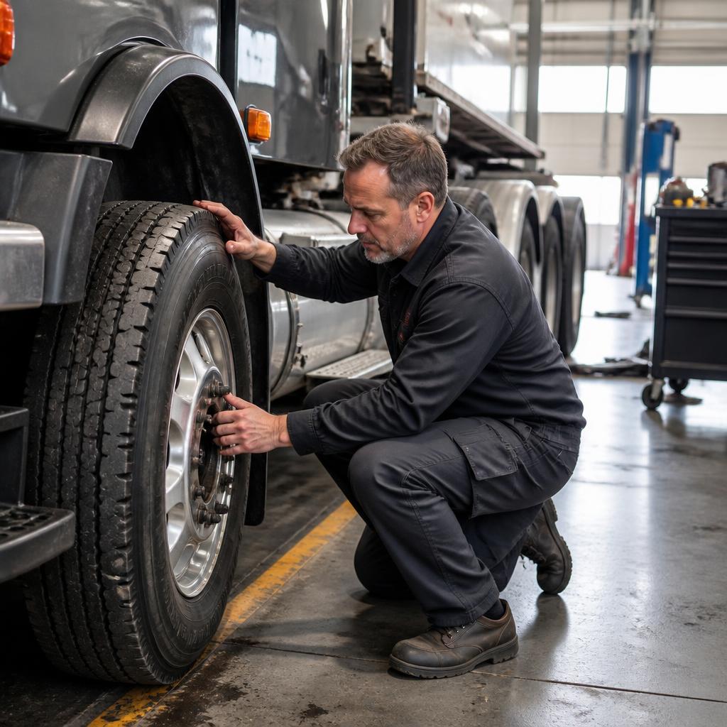 Illustrative photo of a technician inspecting a commercial truck tire in a service bay.