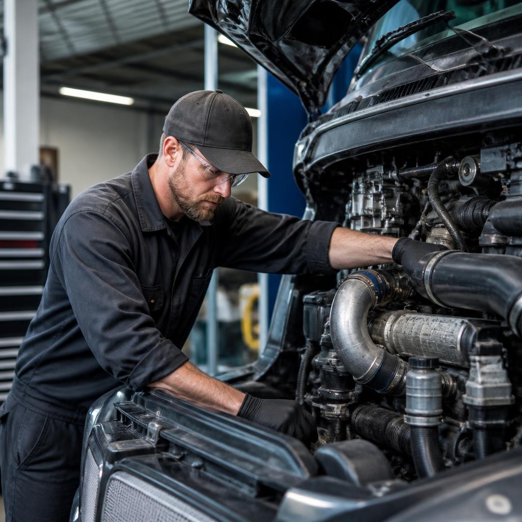 Illustrative photo of a technician inspecting a heavy-duty diesel engine.