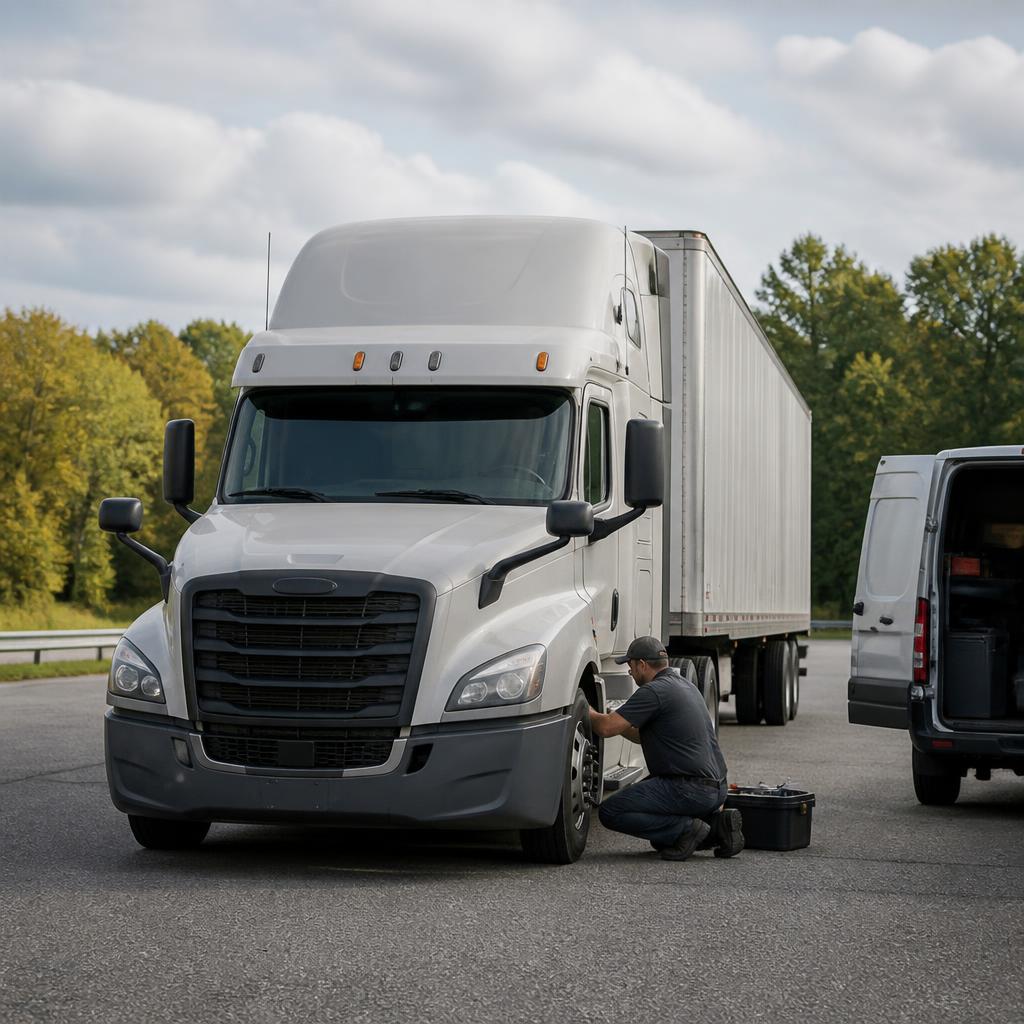 Illustrative photo of a mechanic checking a commercial truck in a safe service area.