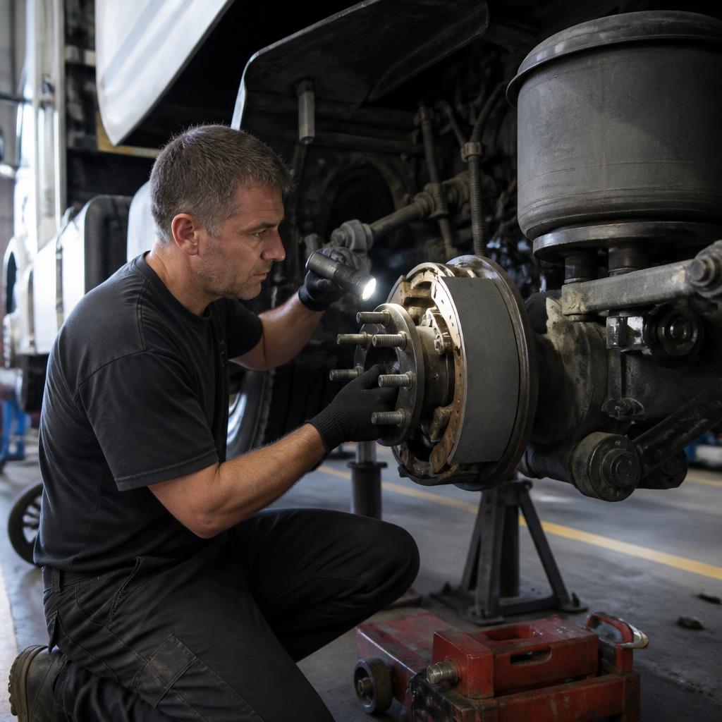 Illustrative photo of a technician inspecting a heavy-duty truck brake assembly.
