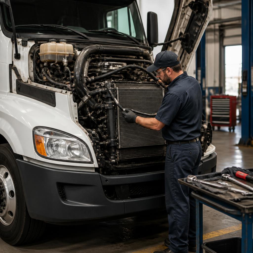 Illustrative photo of a technician checking a heavy-duty truck cooling system.