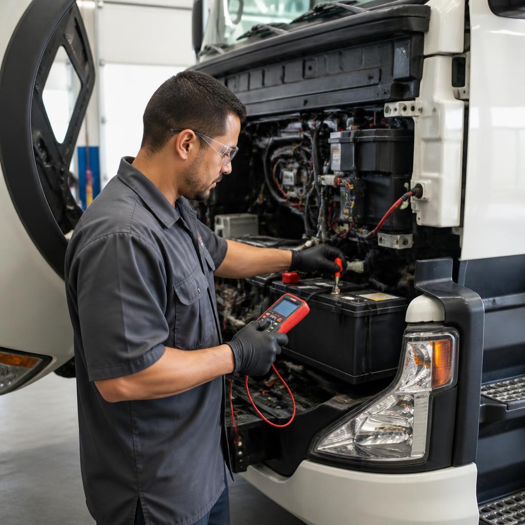 Illustrative photo of an unbranded commercial truck electrical system being checked with a meter.