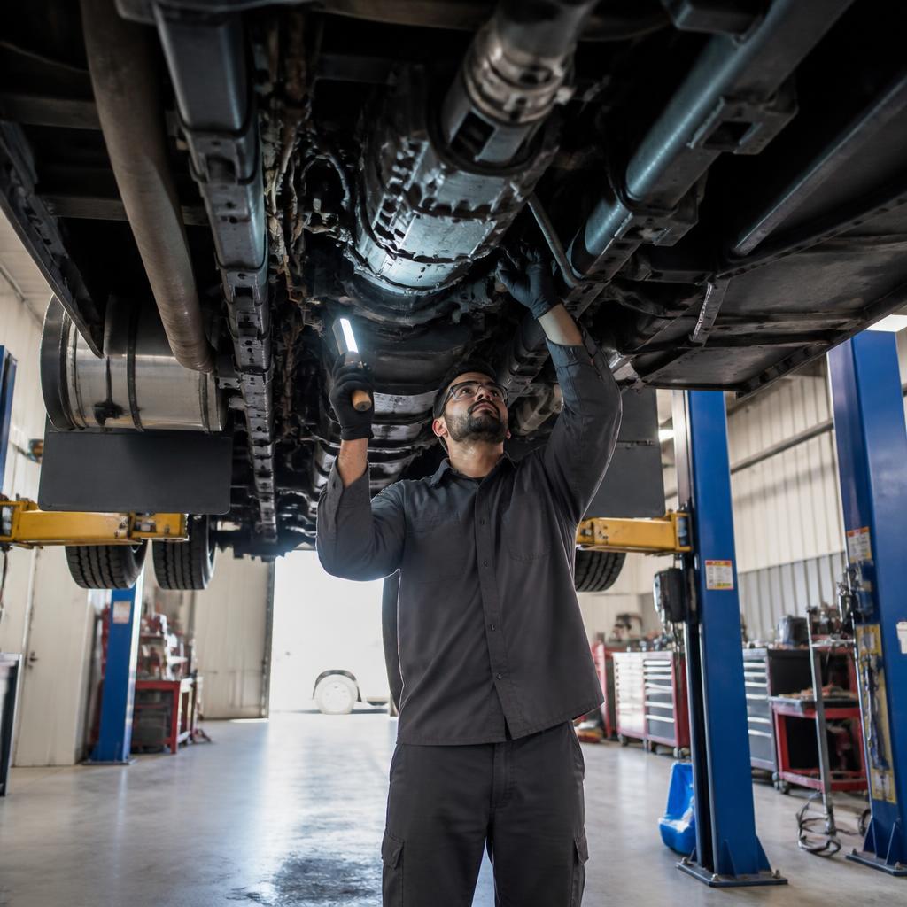 Illustrative photo of a mechanic inspecting a commercial truck transmission.