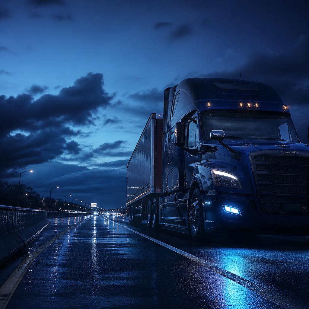 Editorial image of a heavy-duty truck on a New Jersey highway at blue hour